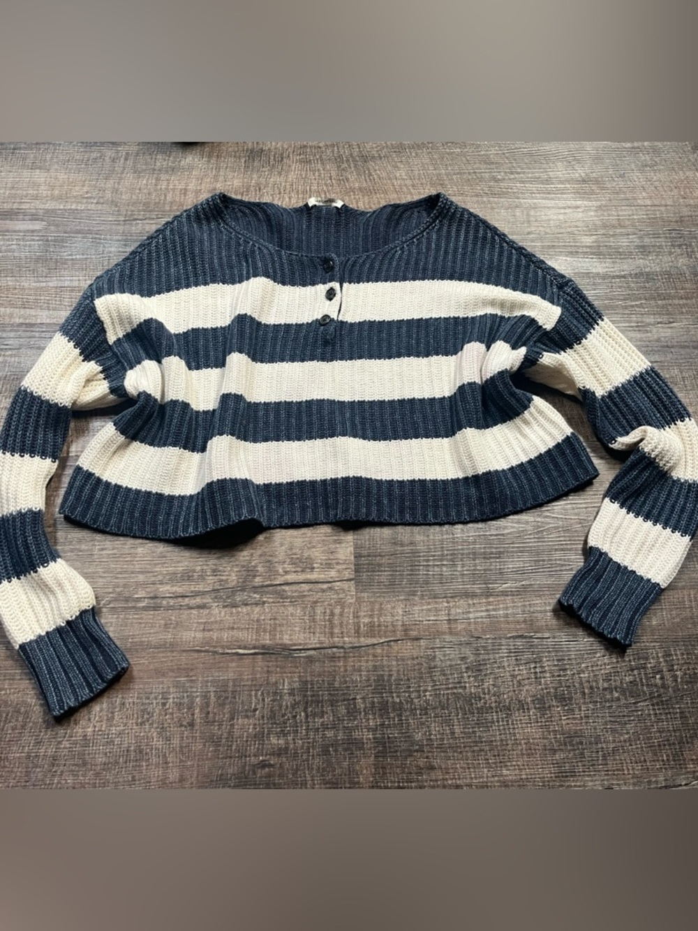 American Eagle blue and white striped off the shoulder knitted sweater